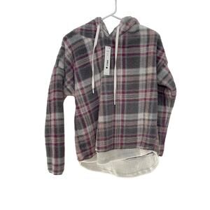 Aqua Lounge Womens‎ Ivory Plaid Fuzzy Fleece Hoodie Waffle Hem RZ8PST3 XS NEW